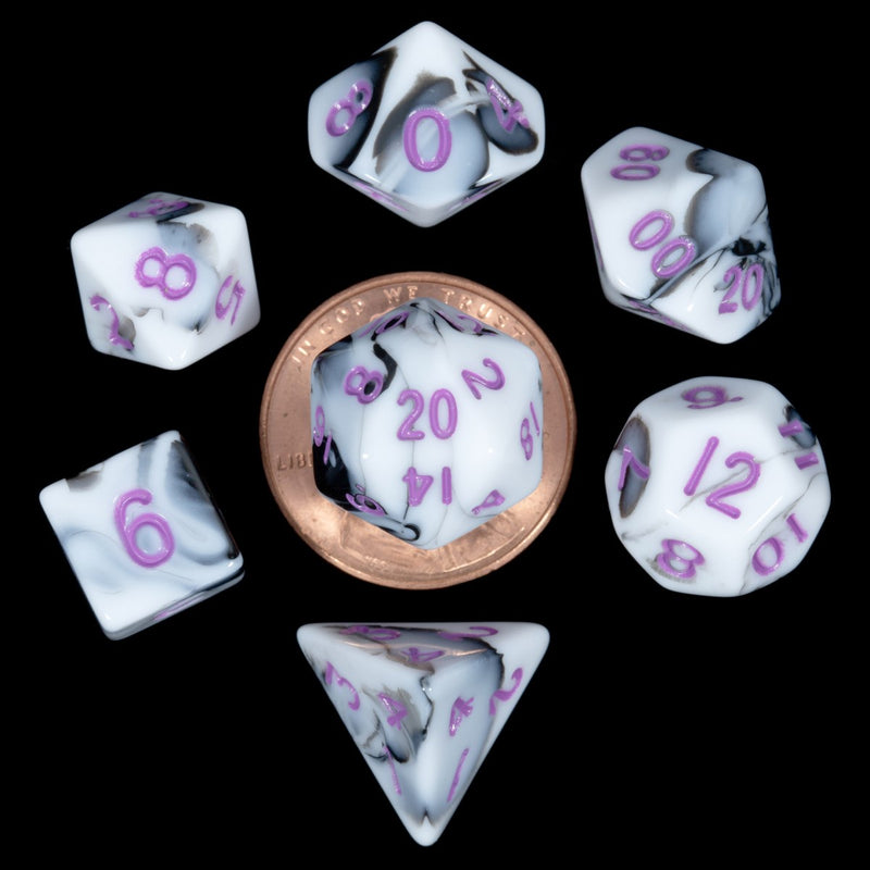 MDG – Mini Polyhedral Dice Set: Marble with Purple Numbers