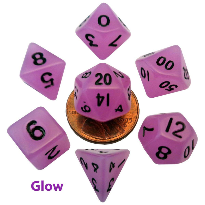 MDG – Mini Polyhedral Dice Set: Glow Purple with Black Numbers