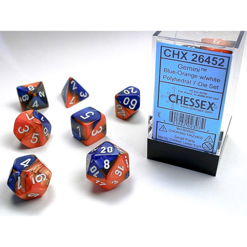 Chessex - Gemini Blue-Orange w/white Classic Polyhedral 7-Die Set