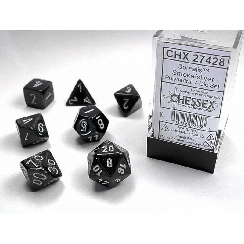 Chessex - Borealis Smoke w/silver Signature Polyhedral 7-Die Set