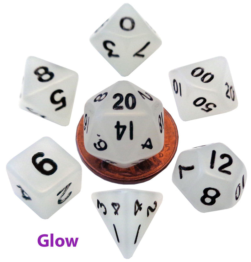 MDG - Mini Polyhedral Dice Set: Glow Clear with Black Numbers