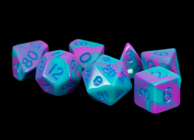 Acrylic Dice: Purple/Teal with Blue Numbers Poly Set