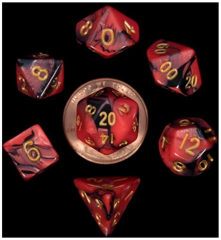 MDG - Mini Polyhedral Dice Set: Red/Black w/ Gold Number