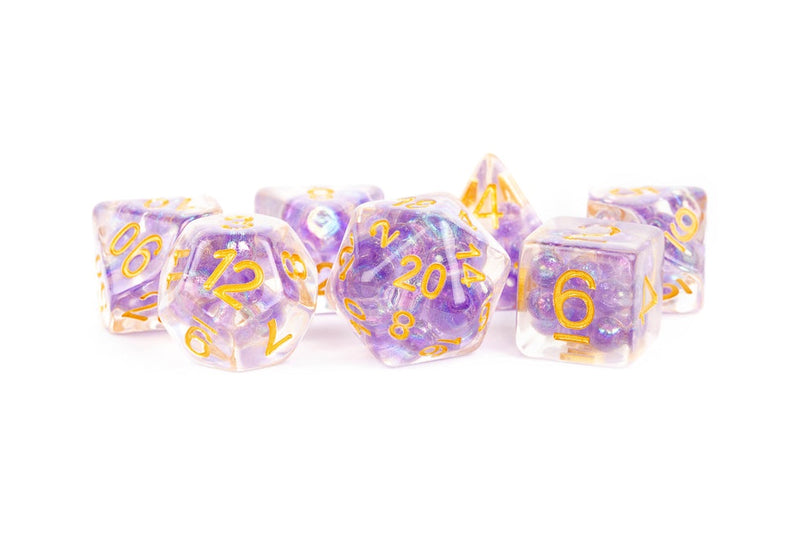 MDG - 16mm Resin Polyhedral Dice Set - Pearl Purple w/ Gold Numbers