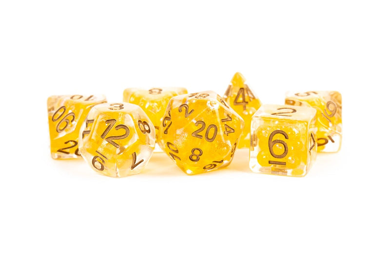 MDG - 16mm Resin Polyhedral Dice Set - Pearl Citrine with Copper Numbers