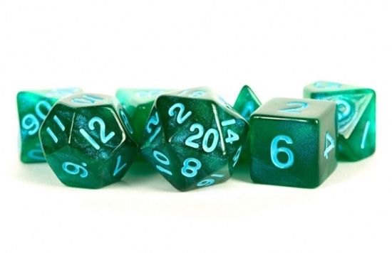 Acrylic Dice: Stardust Green with Blue Numbers