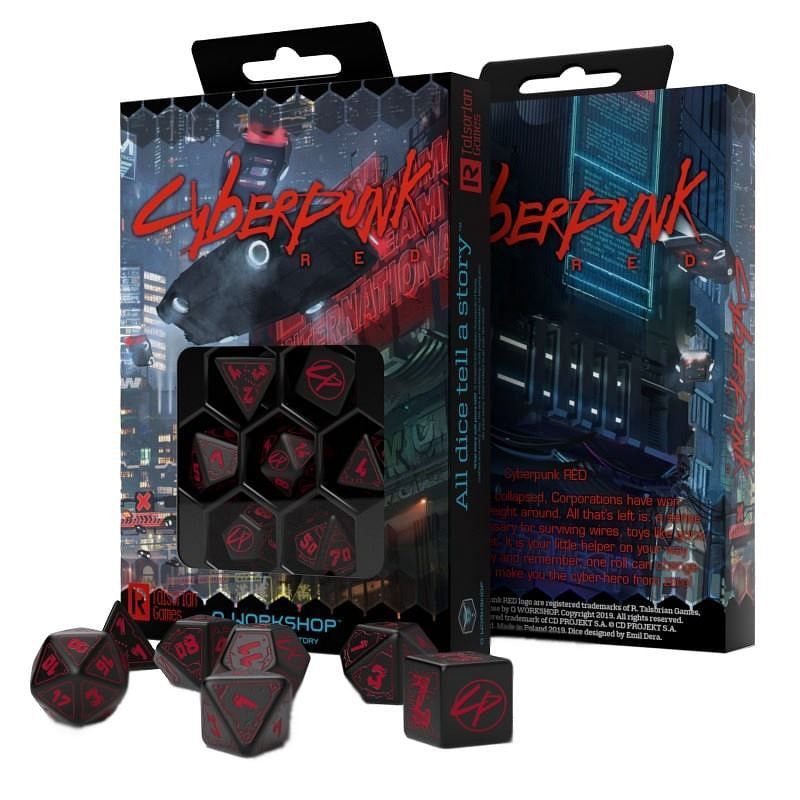 Q Workshop – Cyberpunk Red Dice Set – Blood over Chrome