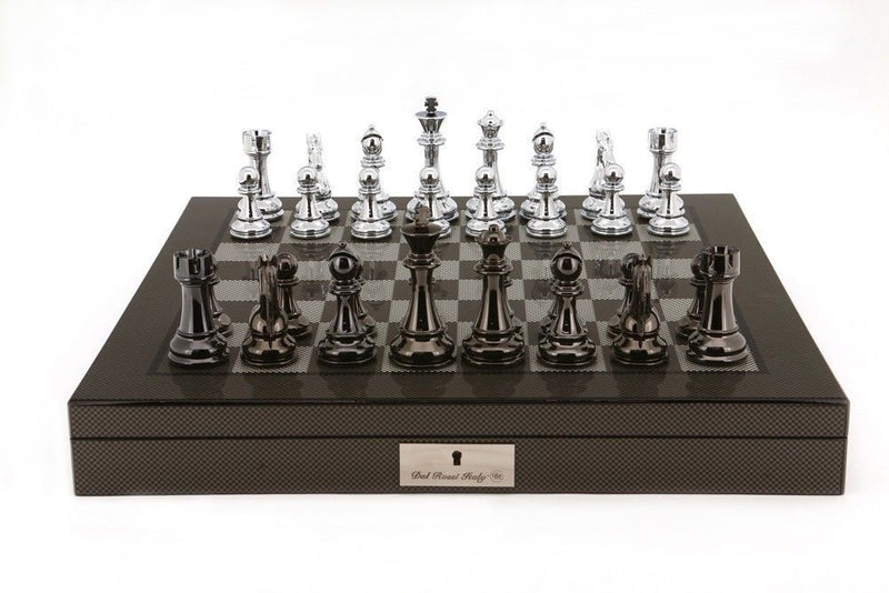 Dal Rossi Italy Silver/Titanium Chess Set on Carbon Fibre Shiny Finish Chess Box 20”