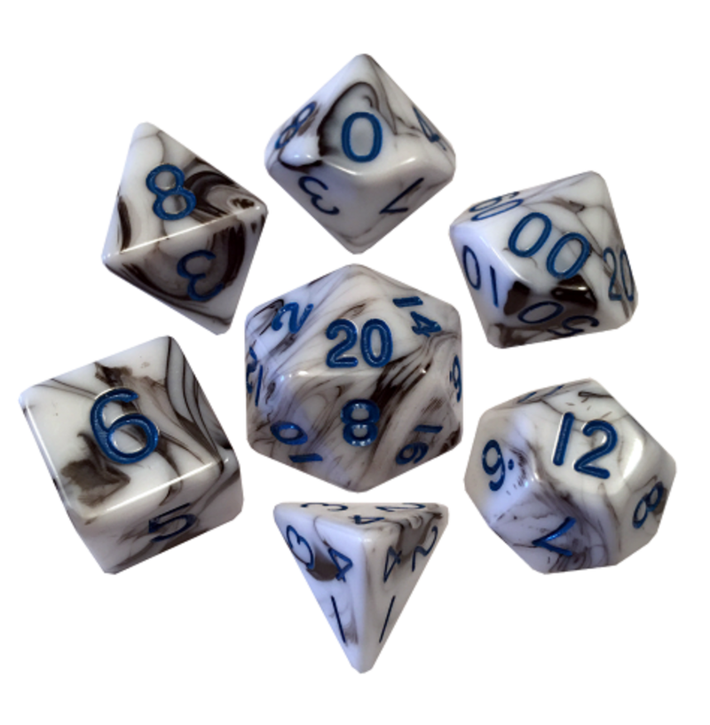 Acrylic Dice: Marble with Blue Numbers
