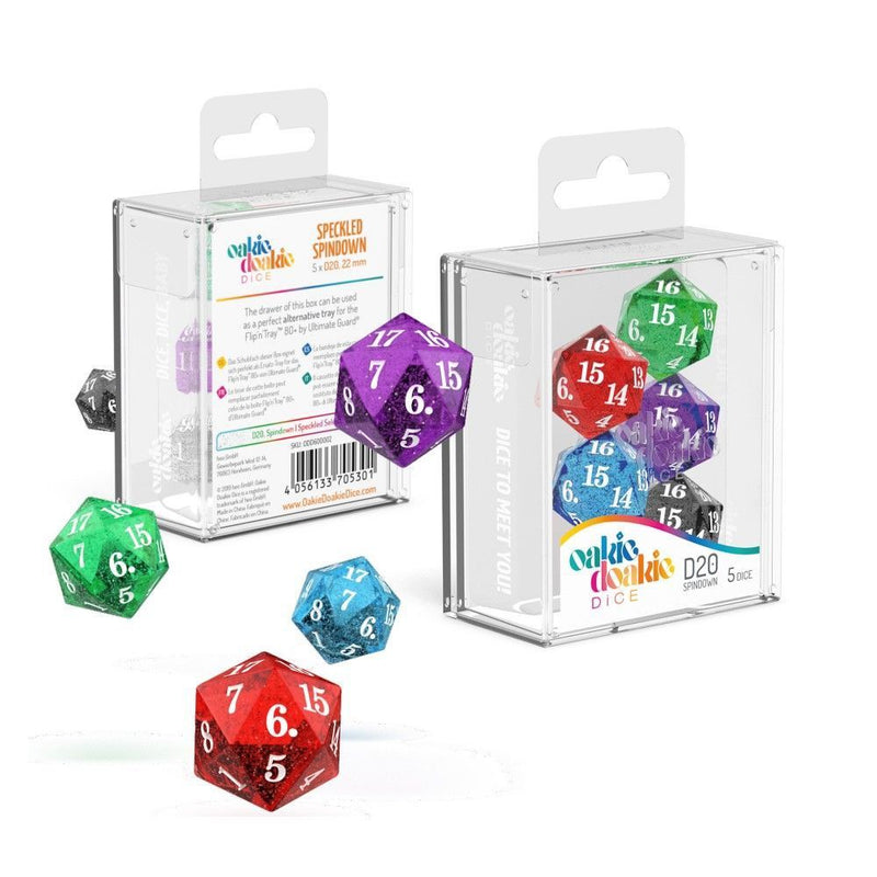 Oakie Doakie Dice D20 Spindown Speckled Selection 22mm (5)