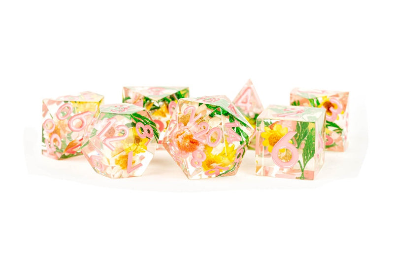 Metallic Dice Games – Handcrafted Sharp Edge Resin Dice Set - Chrysanthemum w/ Pink Numbers