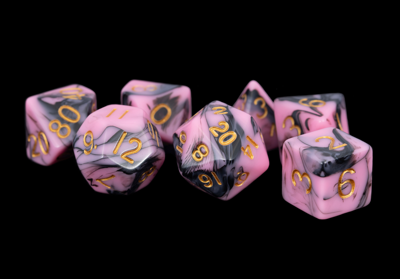 Acrylic Dice: Pink/Black with Gold Numbers Poly Set