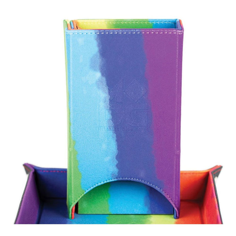 Fold Up Leather Dice Tower: Watercolor Rainbow