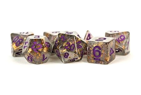 MDG - Resin Polyhedral Dice Set: Gray w/ Gold Foil, Purple Numbers