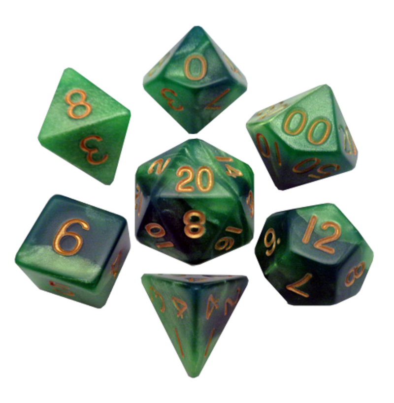 Acrylic Dice: Combo Attack. Green/Light Green with Gold 16mm