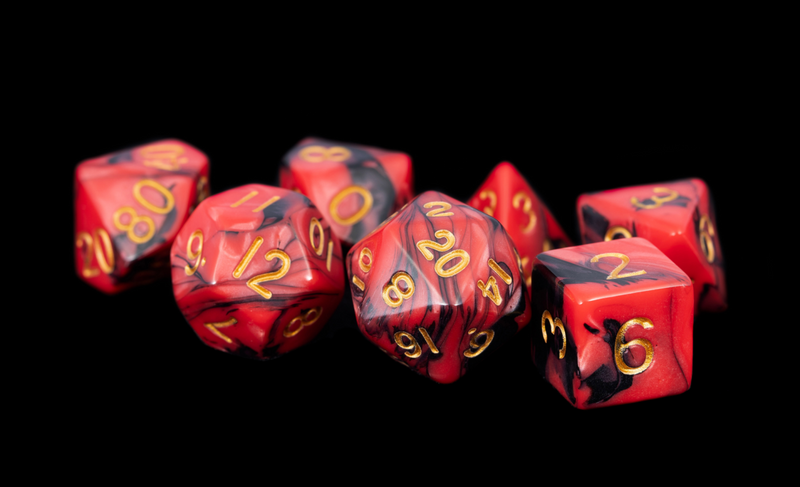 Acrylic Dice: Red/Black with Gold Numbers Poly Set