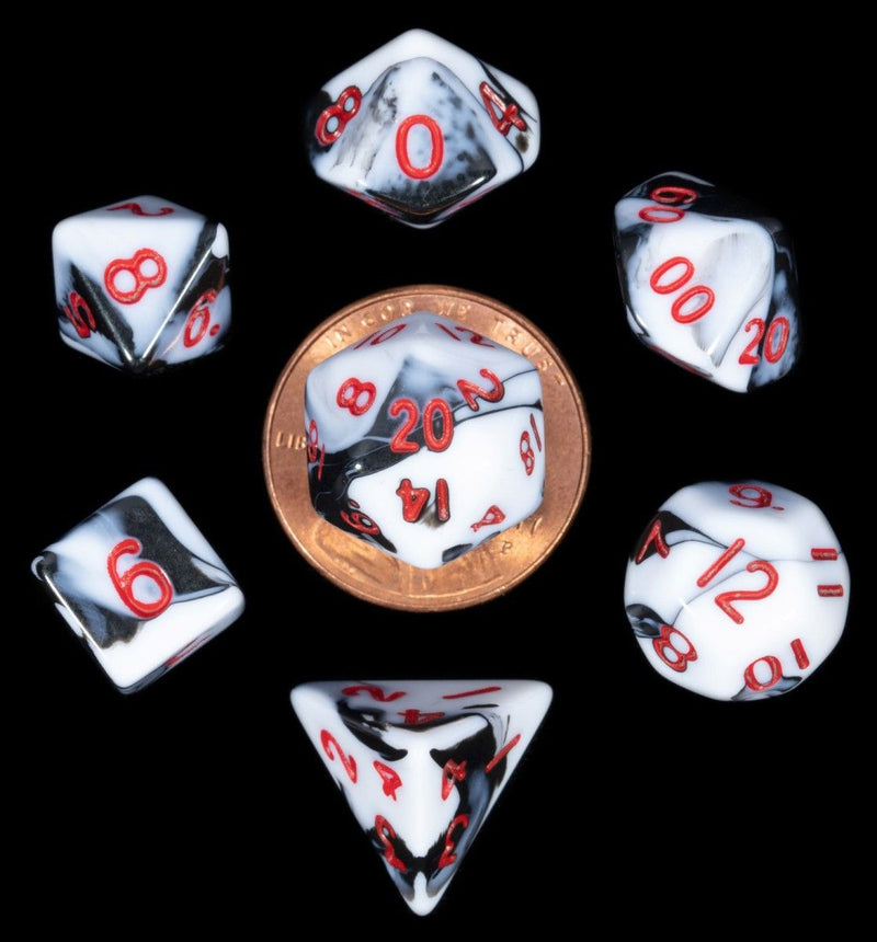 Mini Polyhedral Dice Set: Marble with Red Numbers